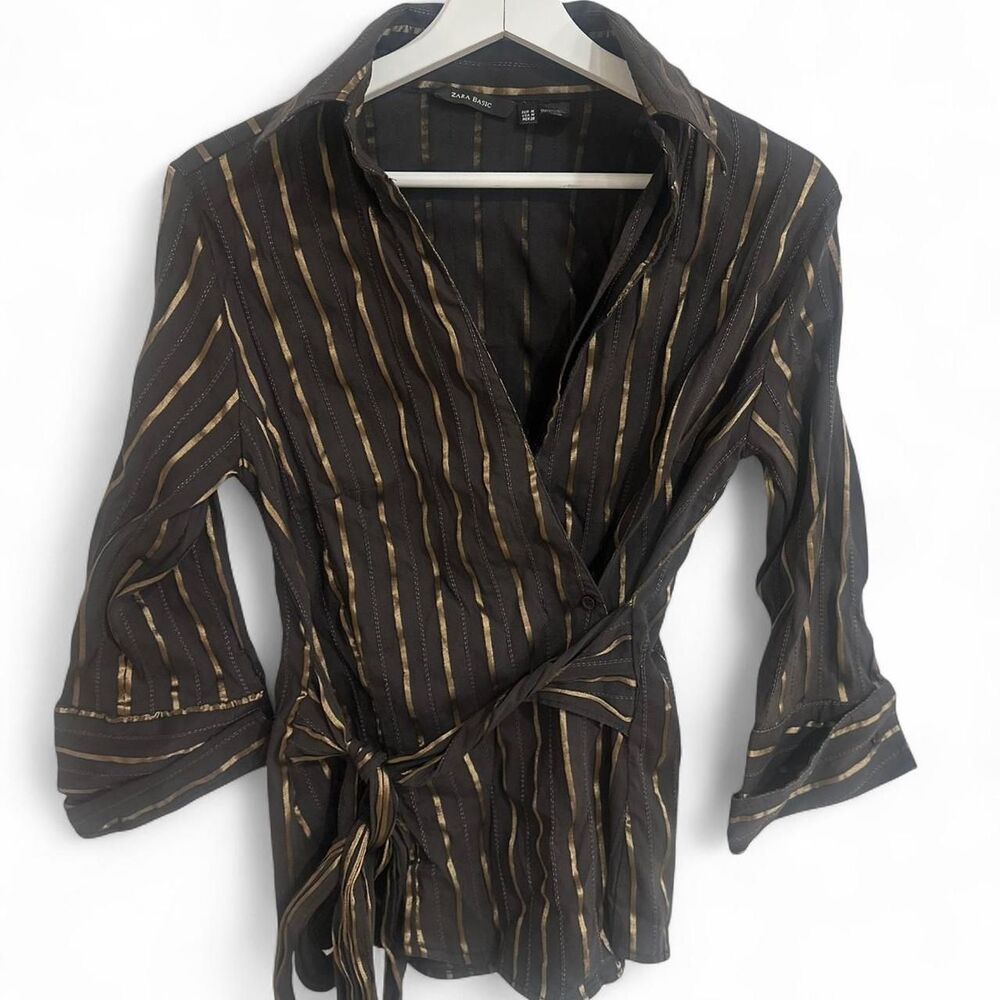 Zara Black Gold Metallic Striped Blouse Tie Waist 3/4 Sleeve Size M